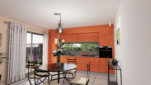 Cuisine orange avec vue sur l'extérieur